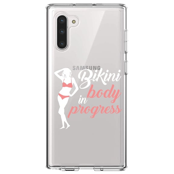 DistinctInk Clear Shockproof Hybrid Case for Samsung Galaxy Note 10 (6.3" Screen) - TPU Bumper Acrylic Back Tempered Glass Screen Protector - Bikini Body in Progress