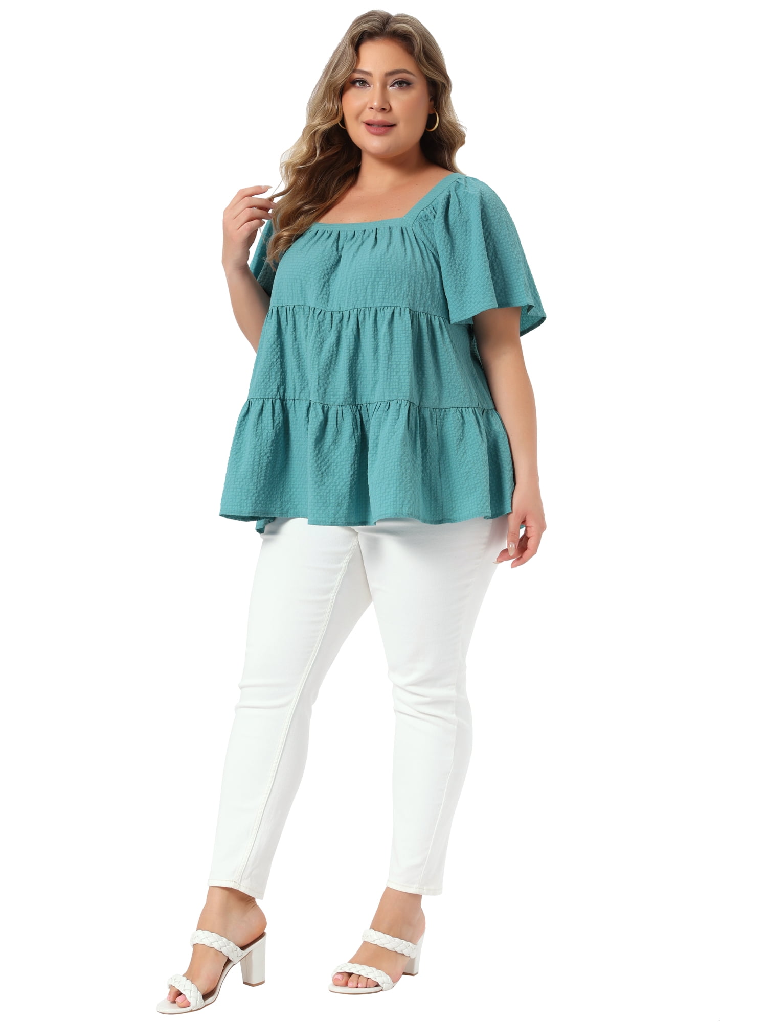 DARING DIVA Women's Plus Summer Square Neck Short Sleeve Tops 1X Lake Blue