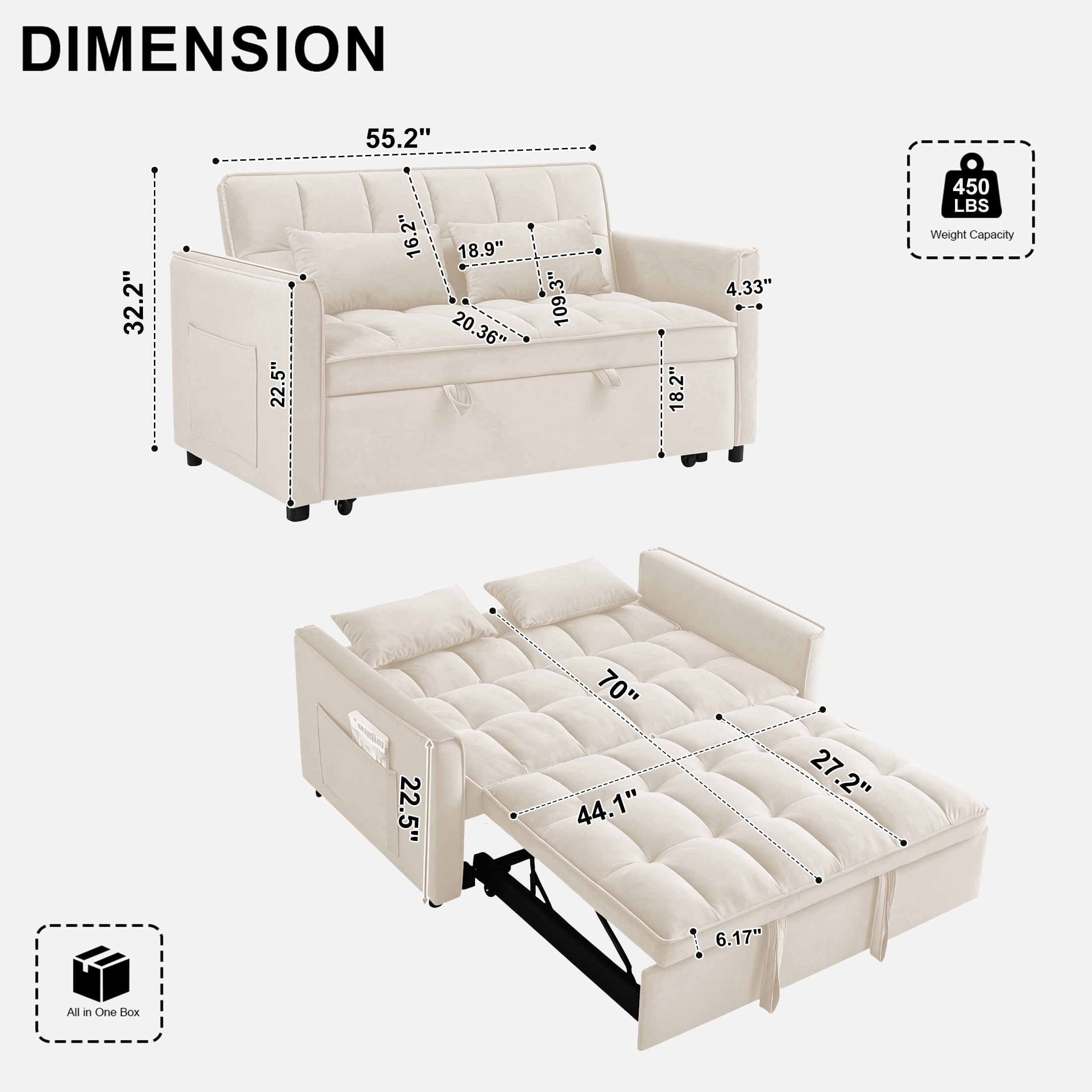 AISWORD Convertible Sofa Bed, 3 in 1 Pull Out Sleeper Loveseat Couch with Storage, Beige