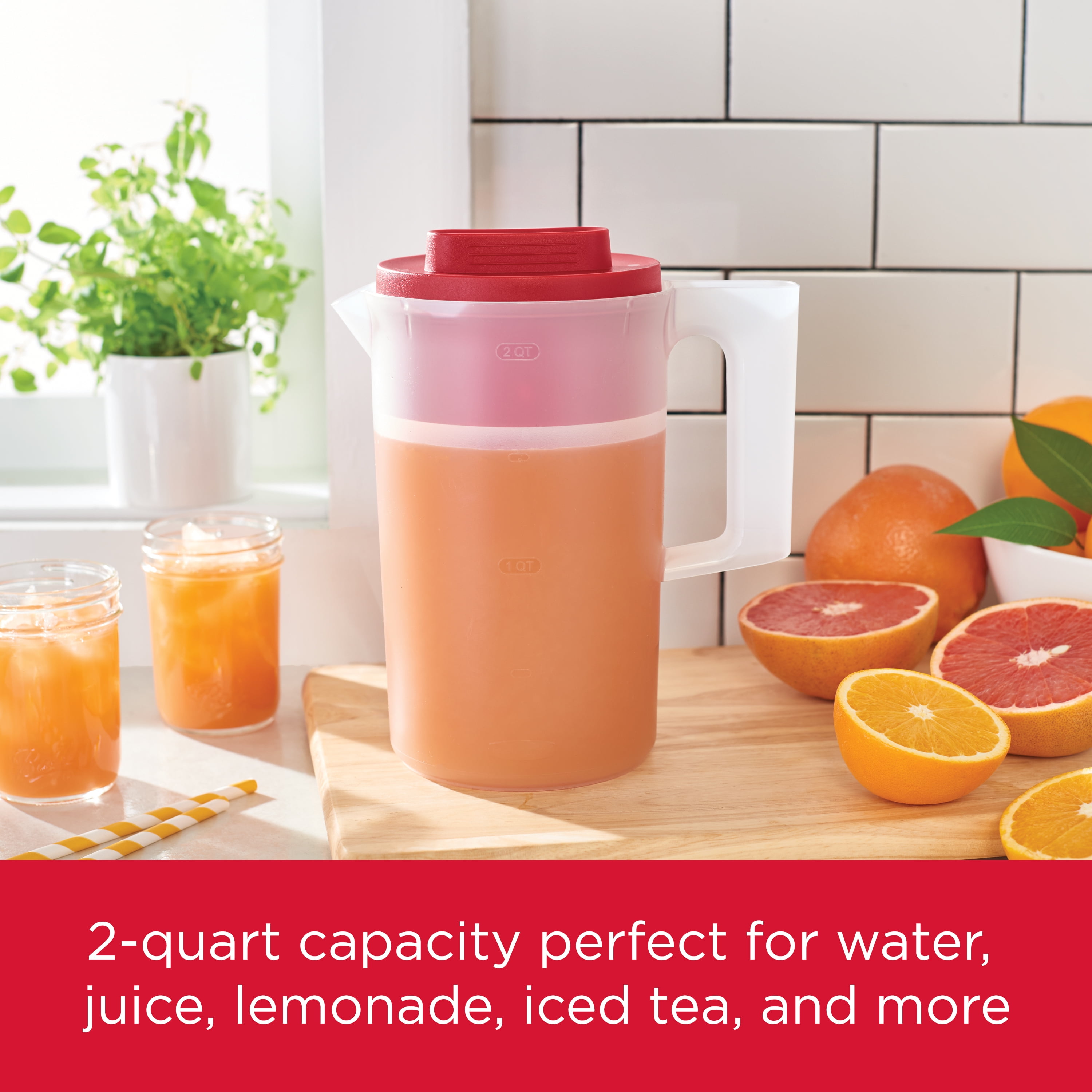 Rubbermaid Plastic Pitcher, Clear/Red, 2 Quart