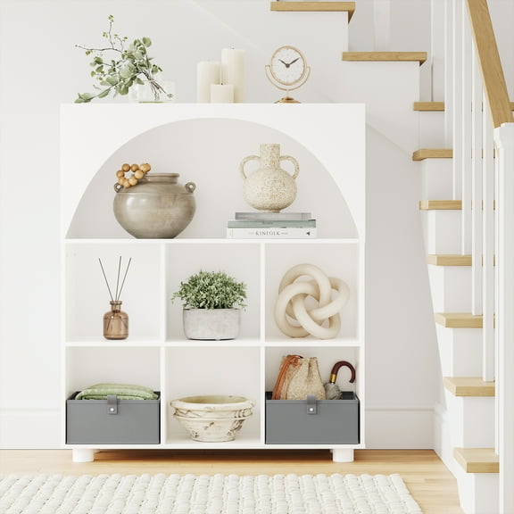 RiverRidge Arched 35in 6-Cubby Entryway Bookshelf and Storage Organizer with 2 Gray Bins