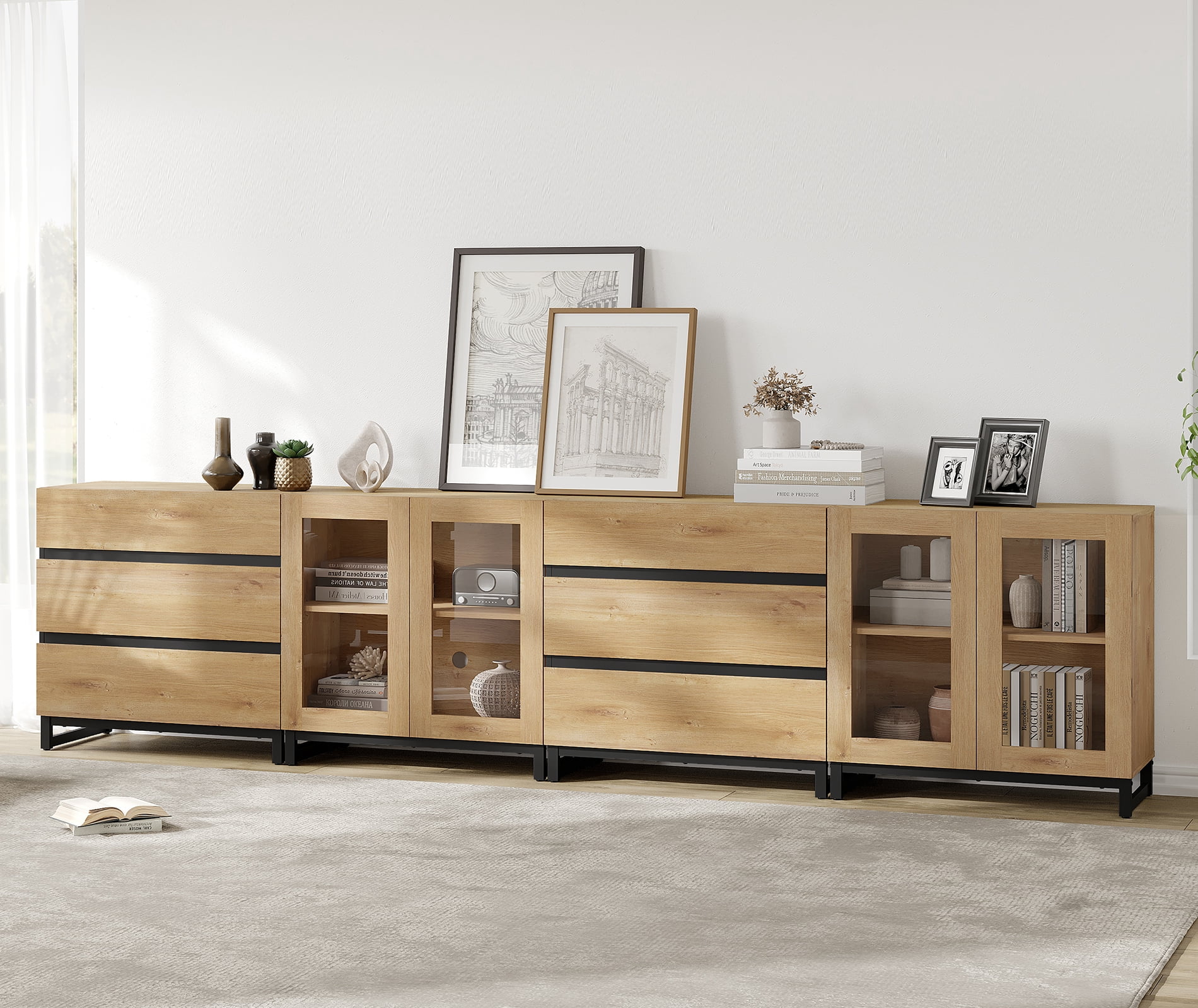 4 In 1 Modern Dresser with Glass Doors & 6 Drawers, Chest of Drawers with Adjustable Shelves, Multi-purpose Bedroom Closet Organizer Storage Cabinet,Oak