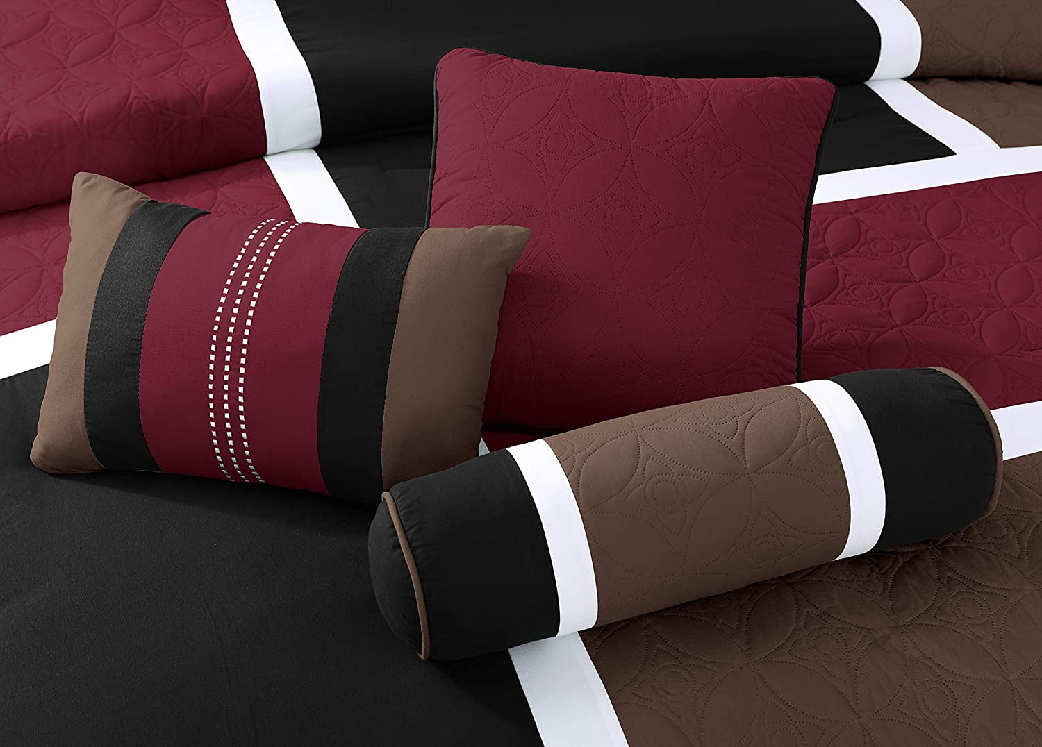 Chezmoi Collection 7-Piece Medallion Patchwork Comforter Set, King, Burgundy/Brown/Black