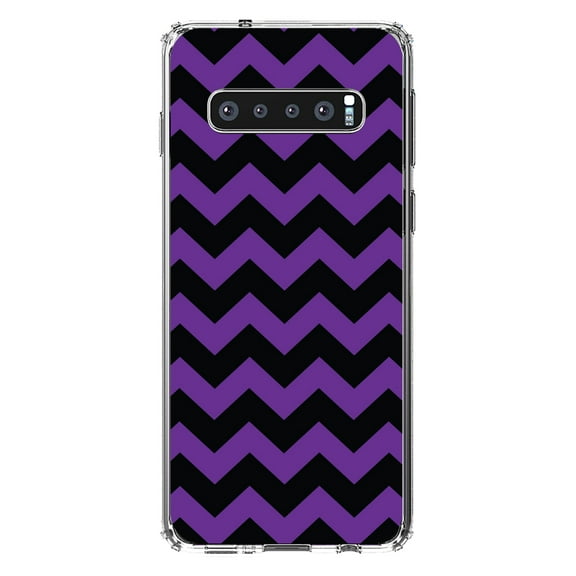 DistinctInk Clear Shockproof Hybrid Case for Samsung Galaxy S10 (6.1" Screen) - TPU Bumper, Acrylic Back, Tempered Glass Screen Protector - Black Purple Stripes - Stripes Pattern