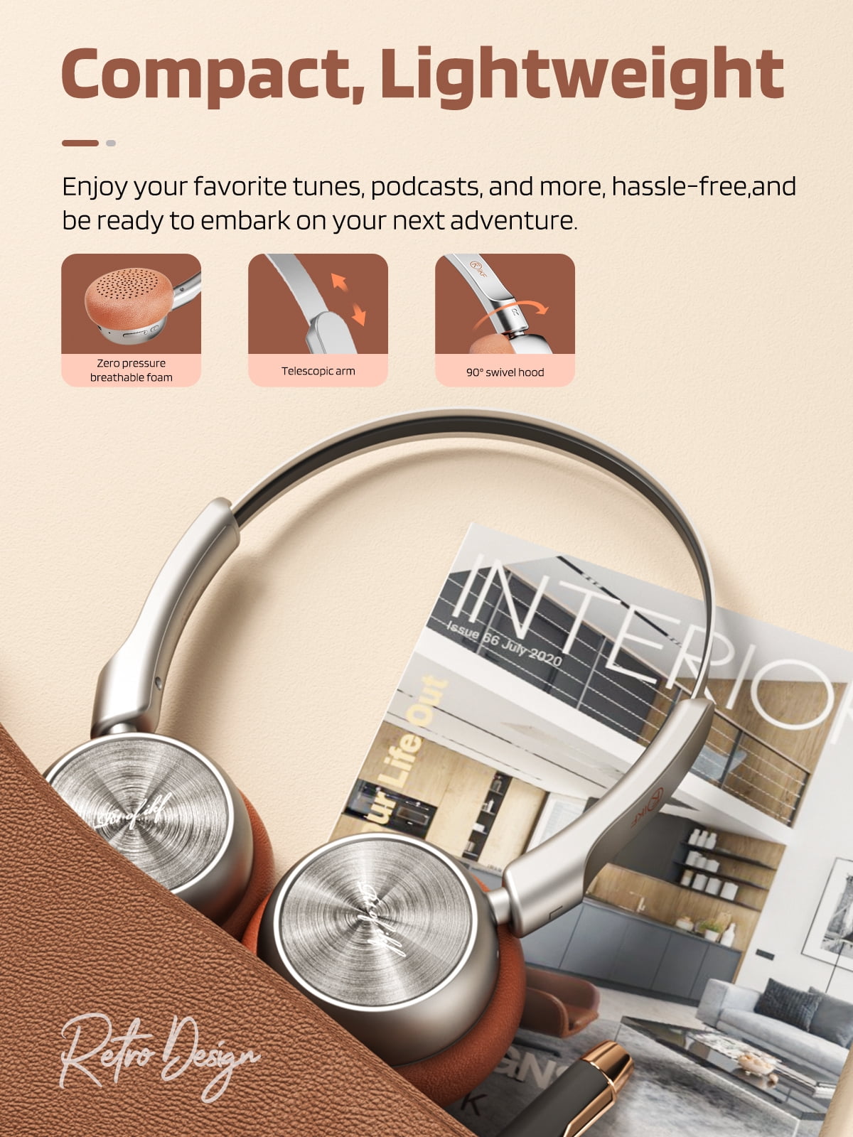 iKF R1 Wireless Retro Wireless Headphones Bluetooth 5.3 APP Custom Sound 60 Hours Playtime Game Mode Noise Isolation Built-in Microphone Throwback 80s 90s Design (Brown)