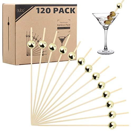 Bamboo Cocktail Picks Skewers Toothpicks 120 Pack Gold Pearl 4.75 inch Wooden Frill Tooth