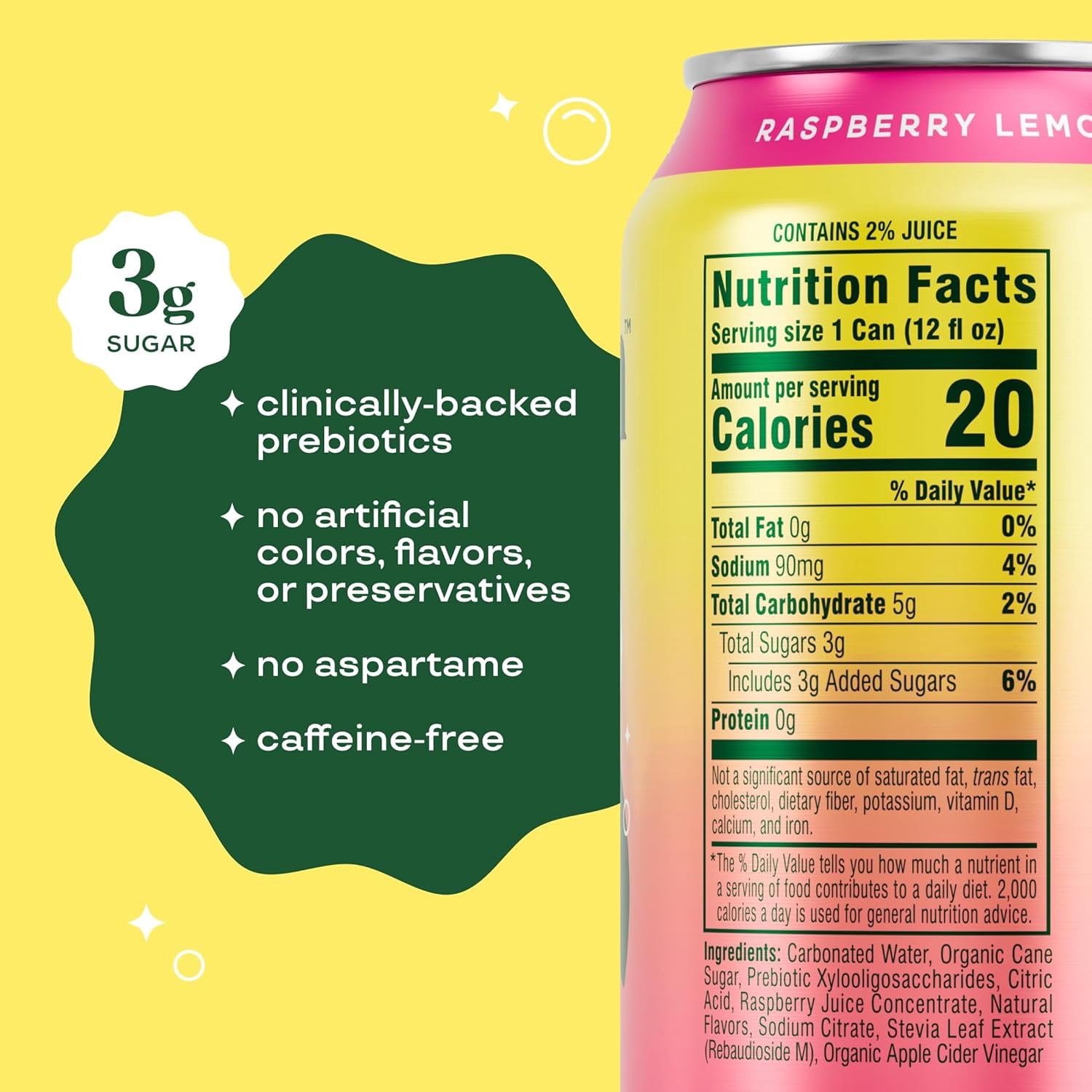 Bloom Pop Prebiotic Soda, Raspberry Lemon, 12-Pack, 12oz Cans