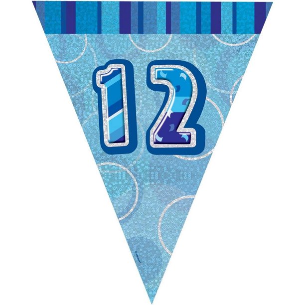 Unique Party - Banderines Diseño Purpurinas de Aluminios 12 Cumpleaños (Azul)