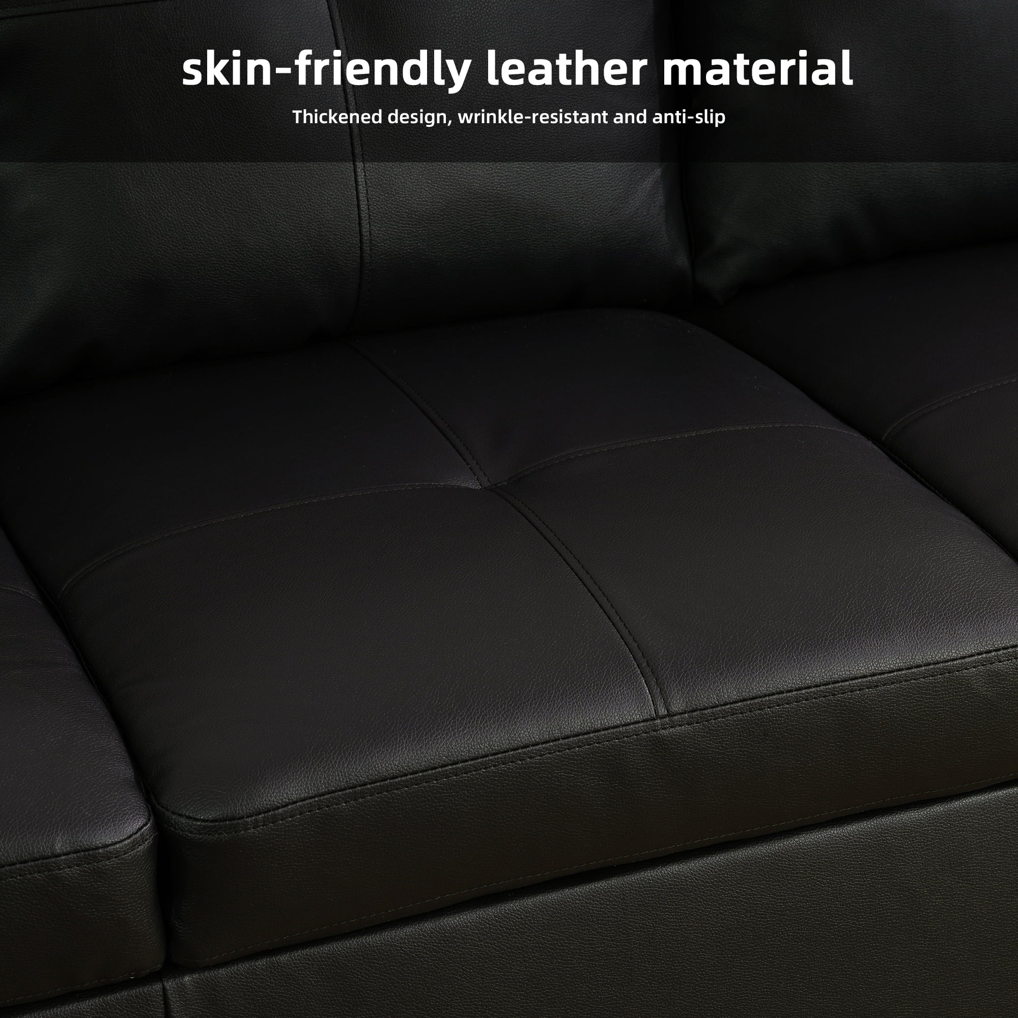 MAYEERTY 97" Faux Leather Sectional Sofa, 3-Piece Couch Living Room Sofa Set with Ottoman, Black (Left)