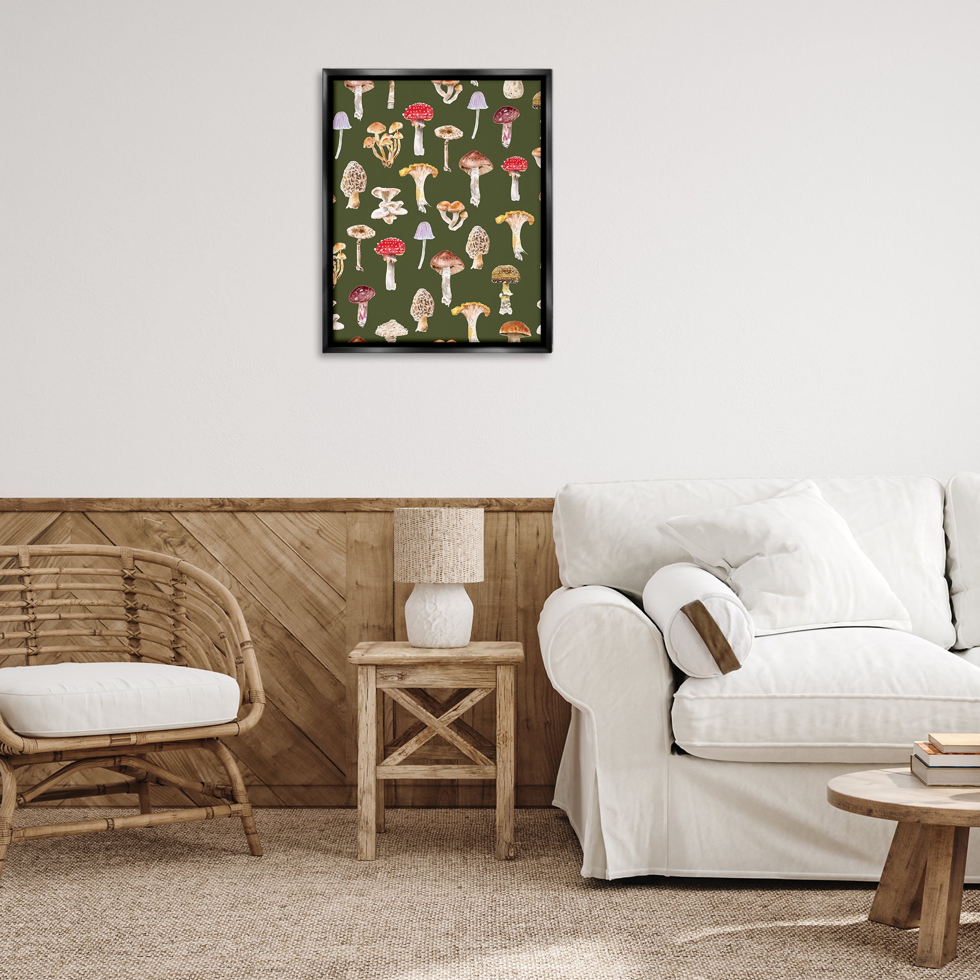 Stupell Industries Mushrooms Repeating Pattern Botanical & Floral Painting Black Floater Framed Art Print Wall Art, 25 x 31