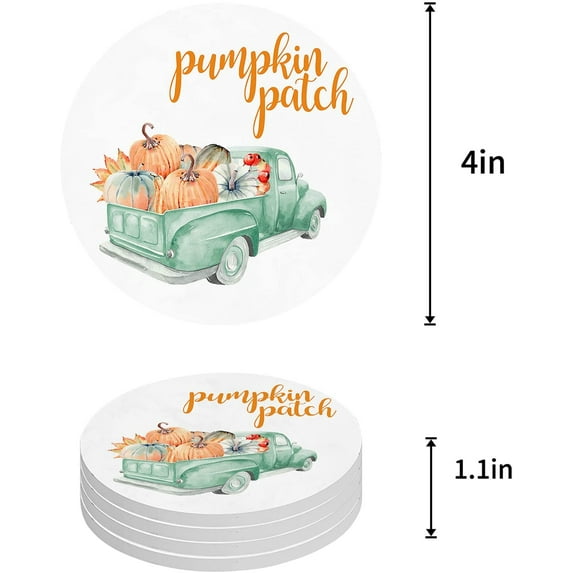 ZHANZZK Watercolor Green Truck and Pumpkin Happy Thanksgiving Set of 8 Round Coaster for Drinks, Absorbent Ceramic Stone Coasters Cup Mat with Cork Base for Home Kitchen Room Coffee Table Bar Decor