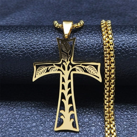 New Cross Tree of Life Pendants Men and Women 14K Yellow Gold Necklace Religious Talisman Jewelry