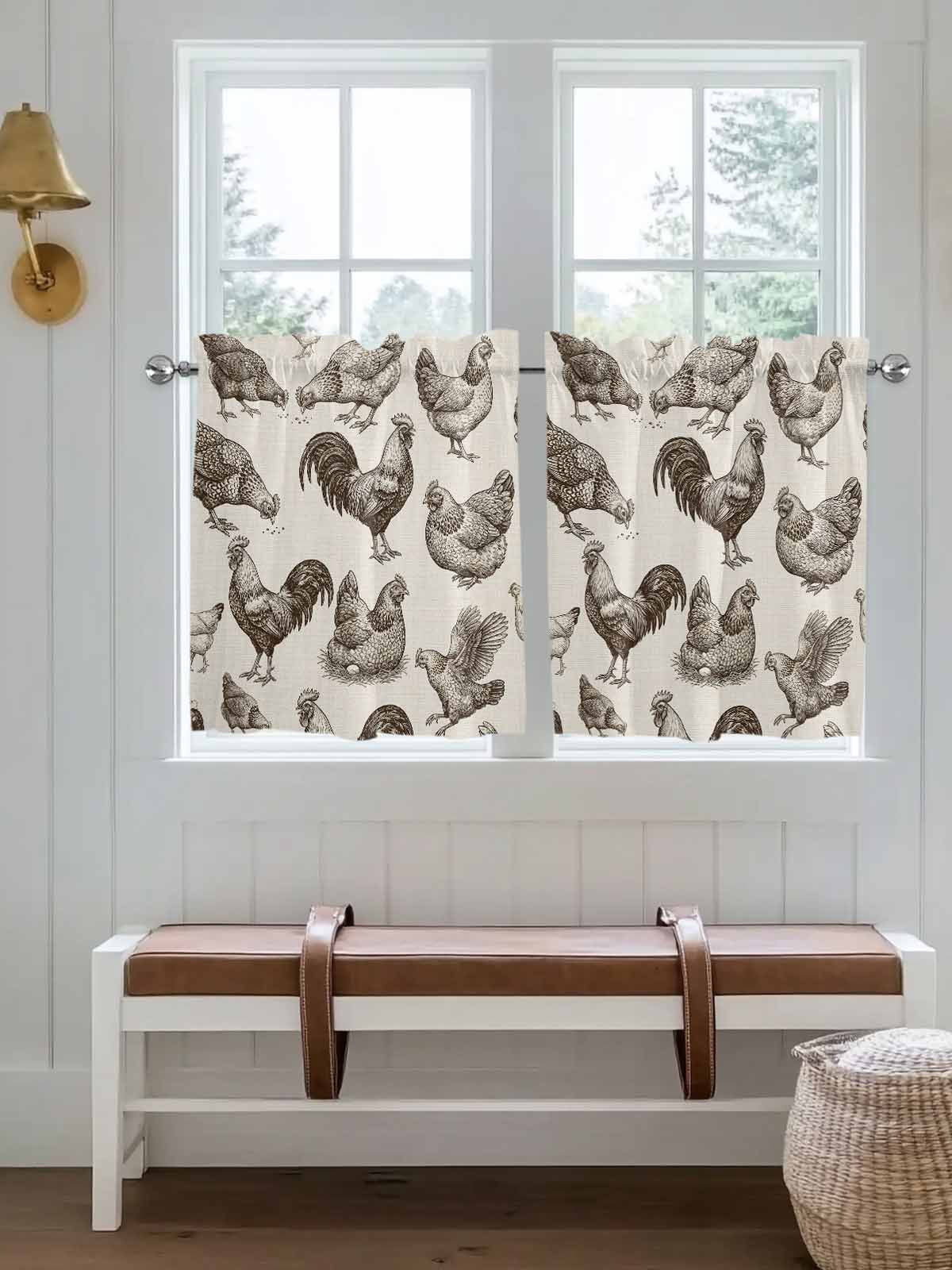 Farmhouse Rooster Kitchen Curtains Tier 24 Inch Length, Rustic Animals Vintage Linen Rod Pocket Light Filtering Window Curtains Living Room Bedroom Curtain Drapes Cafe Curtain 27.5''x24''x2