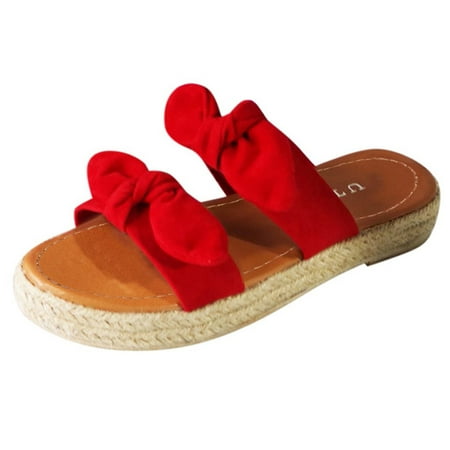 

nsendm Women s Tan Sandals Beach Women s Summer Flat Bow Weave Breathable SlipOn Toe Womens Strap Sandals Size 9 Sandal Red 7.5