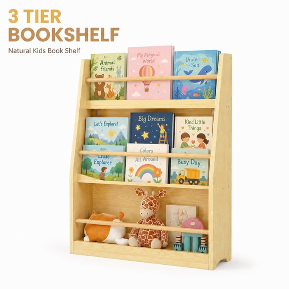 3 Tier Kids Bookshelf, Wooden Book Rack Organizer for Toddlers, Front Facing Children Book Display Shelf with Pine Wood Legs, Montessori Book Storage Shelf for Bedroom Playroom Nursery