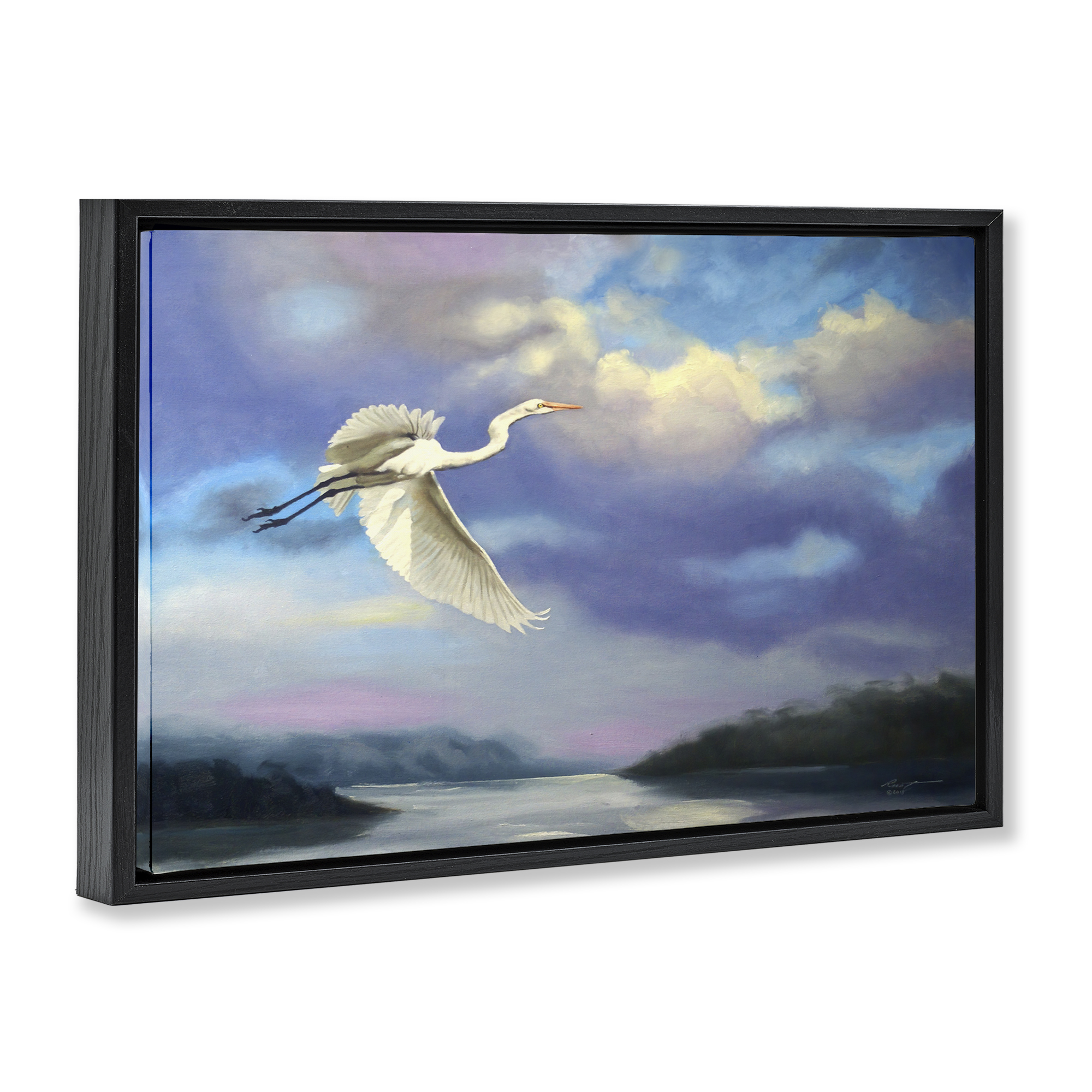 Stupell Industries Egret Over Clouds Landscape Painting Black Floater Framed Canvas Art Print Wall Art, 31 x 21