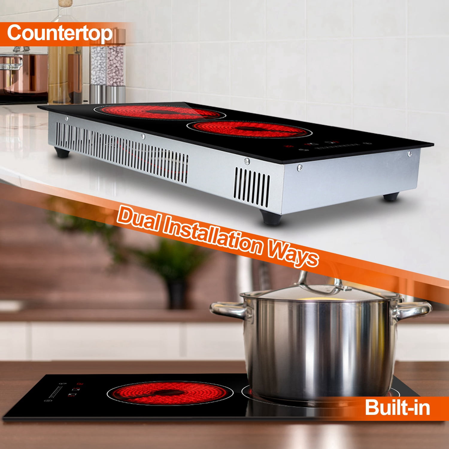 Dual Induction Burners Electric Cooktop 110V 1900W Built in Electric Ceramic Stove with Timer 9 Firepower Levels Overheating Protection