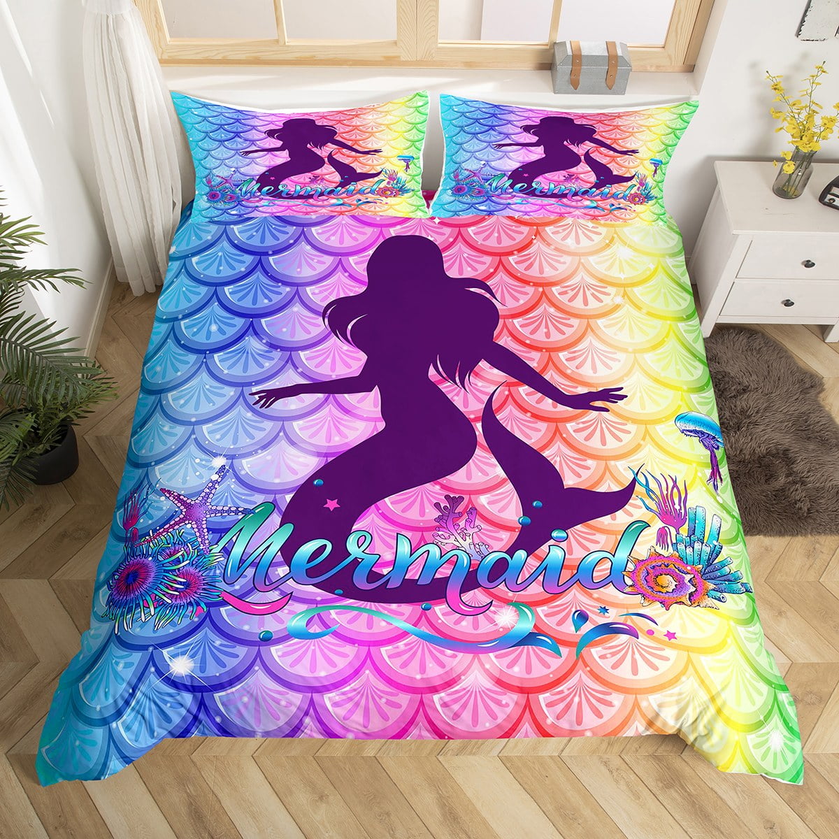 Kids Mermaid Bed Sets Kawaii Rainbow Duvet Cover Colorful Scales