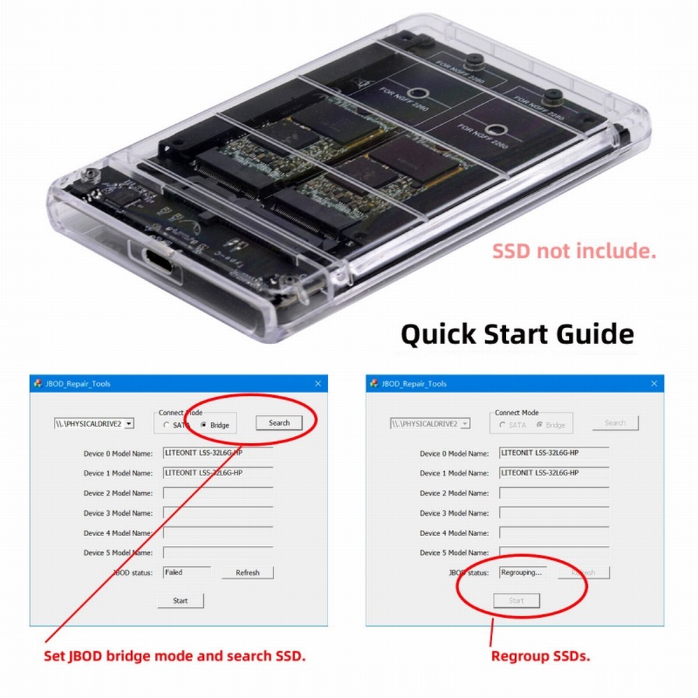 FVH Dual NGFF B+M-Key M.2 SSD Card JBOD Raid0 Span Bridge to USB3.0 Type-C USB-C 2.5inch SATA Combo Enclosure