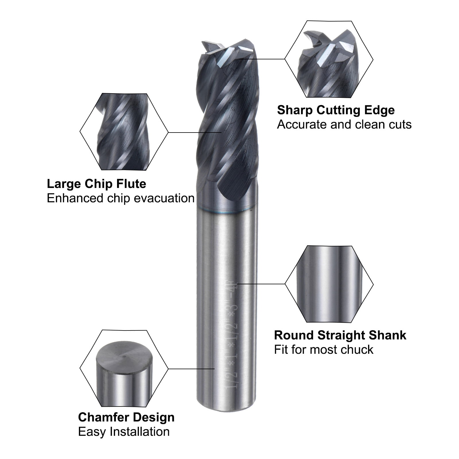 End Mill Set, 5/16" 3/8" 1/2" 4 Flutes Tungsten Steel Round Shank CNC Milling Bit