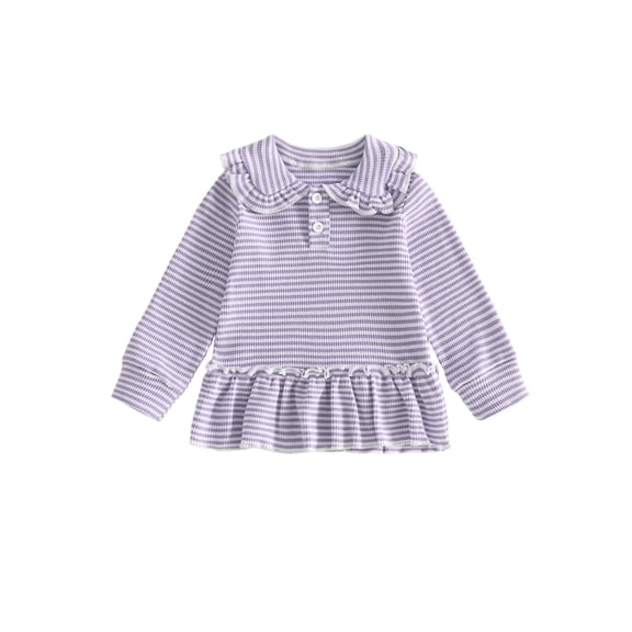 RUINIXCW Toddler Baby Girl Long Sleeve Shirt Waffled Striped Tops Little Girl Spring Fall Winter Clothes Peter Pan Doll Collar Ruffle Hem Button Shirt
