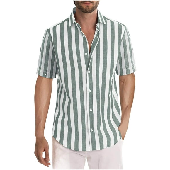 Meichang Men's Striped Linen Shirts Button Down Hawaiian Beach Casual Short Sleeve Button-up Regular Fit Dress Blouses Summer Holiday Shirts for Men