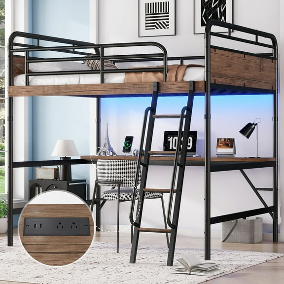 Leumius Full Size Loft Bed with Desk, Metal Loft Bed with LED Light and Charge Station, Black