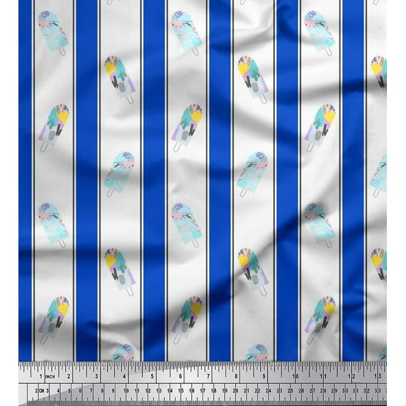 Soimoi Blue Cotton Voile Fabric Ice Cream Pops & Stripe Printed Craft Fabric by the Yard 42 Inch Wide