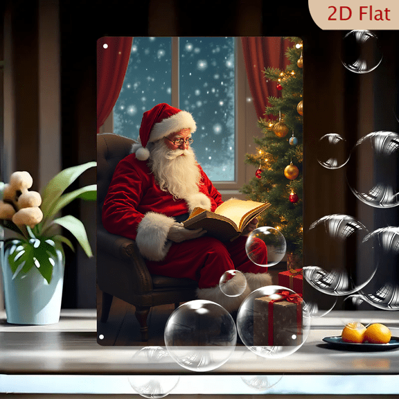 1pc Metal Wall Sign, 8x12 Inches, Santa Claus Reading by the Christmas Tree Decorative Sign, Perfect for Indoor and Outdoor Use, Holiday Home Decor, Living Room, Office, Cafe, Bar