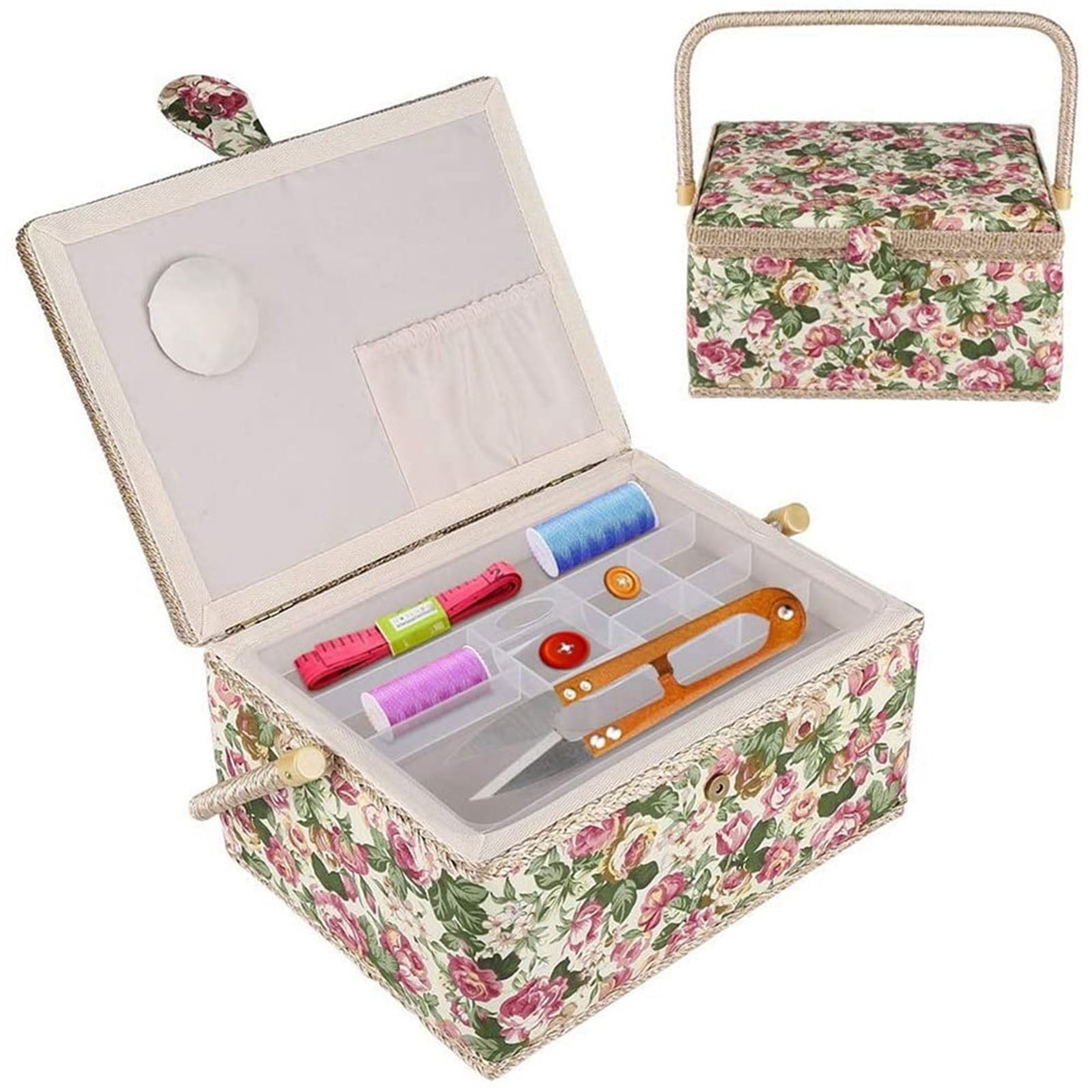Gnwei Large Vintage Sewing Basket, Sewing Basket with Rose Floral Print Design- Sewing Kit Storage Box with Removable Tray, Built-In Pin Cushion and Interior Pocket - 7.5" x 5.1" x 3.9"