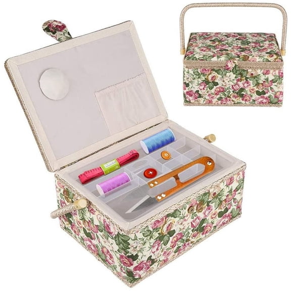 BinKFF Large Sewing Basket, Vintage Wooden Sewing Box with Removable Tray, Rose Floral Print Design Sewing Kit Storage Box for Sewing Mending, Beginner, Professional, No Accessories