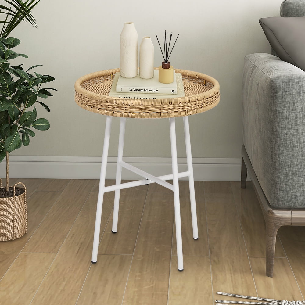 Abble Indoor Outdoor Side Tables, Wicker Small Round Metal End Table, Weather Resistant Rattan Accent Table for Patio, Yard, Balcony, Natural