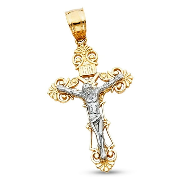 Jesus Crucifix INRI Pendant 14k Yellow White Gold Cross Charm Filigree Two Tone Solid 27 x 16 mm