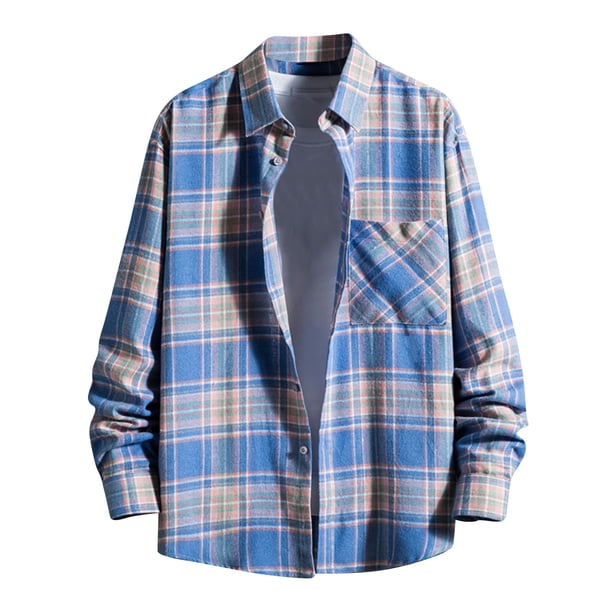 Blusa y camisa de manga larga con cuello vuelto para hombre, blusa informal de moda con estampado a cuadros y bolsillos, camisa de manga larga, blusa a cuadros para hombre
