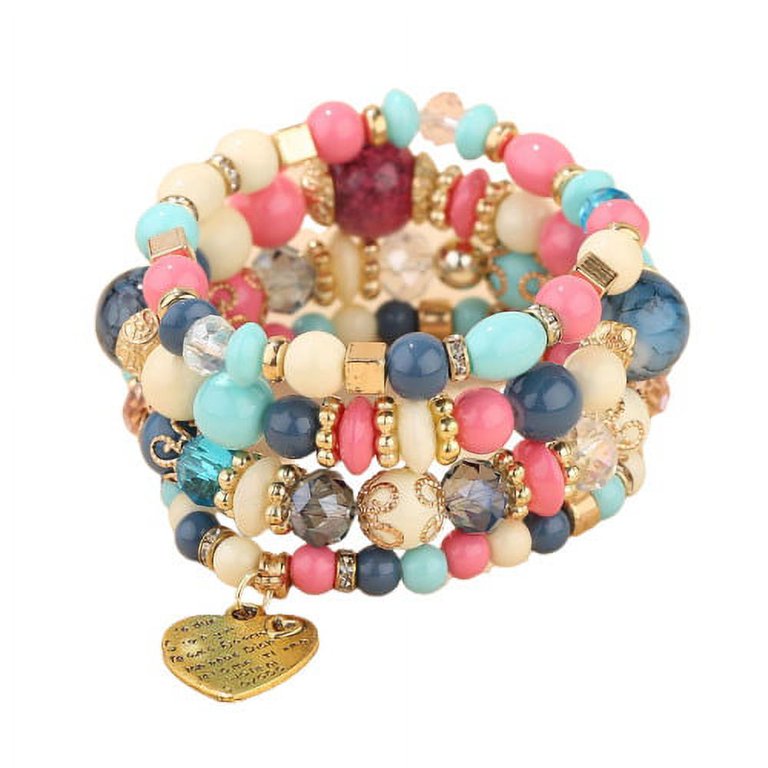 Stainless Steel Heart Gold Beaded Stackable Bracelets Multi Layer