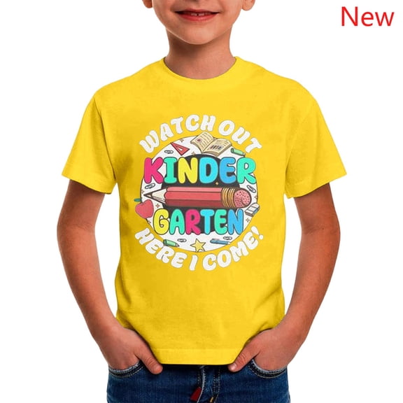 Boys Short Sleeve Graphic T Shirts, Kindergarten Letter Printed Crewneck Tops, Back to School First Day Casual Kids Tees