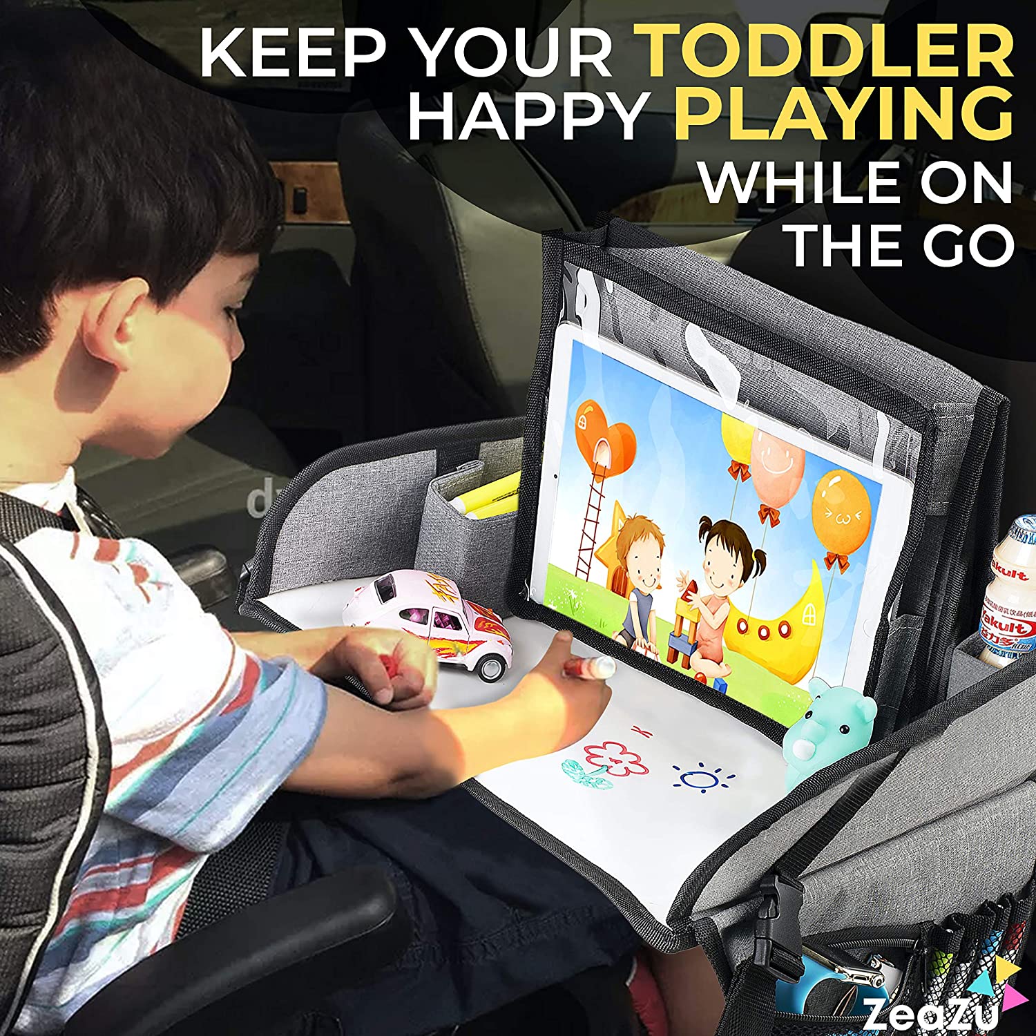 ZeaZu Kids Travel Tray with Bag Foldable Toddler Car Seat Tray 17.5D x 12.5W x 2H inch, Silver