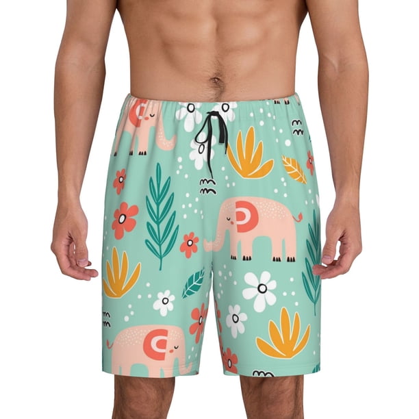 Fotbe Elephant and Flowers Pantalones Cortos de Pijama para Hombre, Ropa de Dormir, Pantalones de Pijama Cortos para Hombre-Medium
