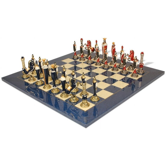 Renaissance Theme Hand Painted Metal Chess Set with Blue Ash Burl Chess Board