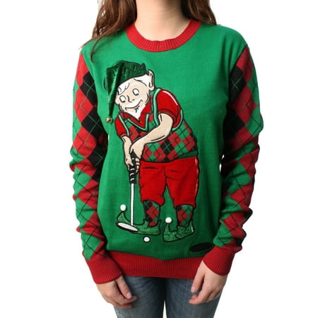 Athletic Golf Pullover Ugly Christmas Sweater Plus Size Women's Golfing Elf 3D Hat With Real Bell Pullover Sweatshirt ()