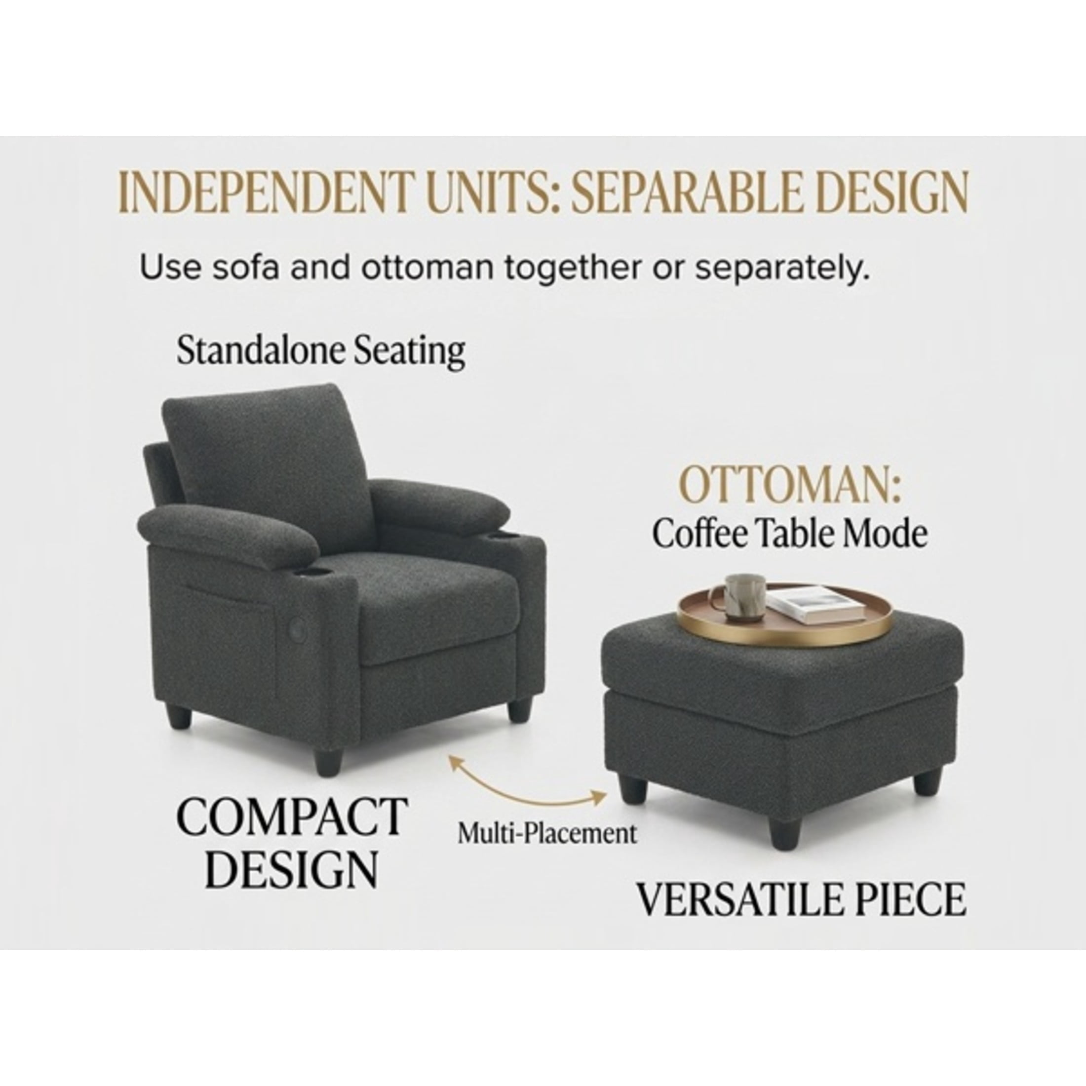 GDF Studio Abriel Accent Chair with Storage Ottoman, USB Ports & Cup Holders, Versatile Chaise Lounge, Dark Gray