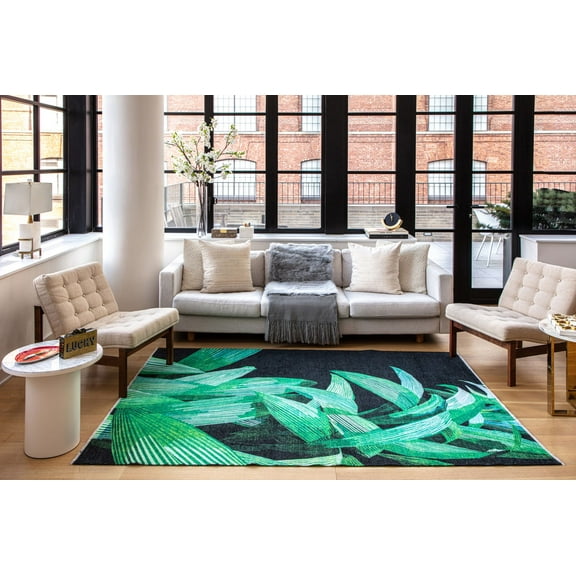 Elizabeth Sutton MI50B Black Palm Floral Modern Black Area Rug, 7'10"X10'0"