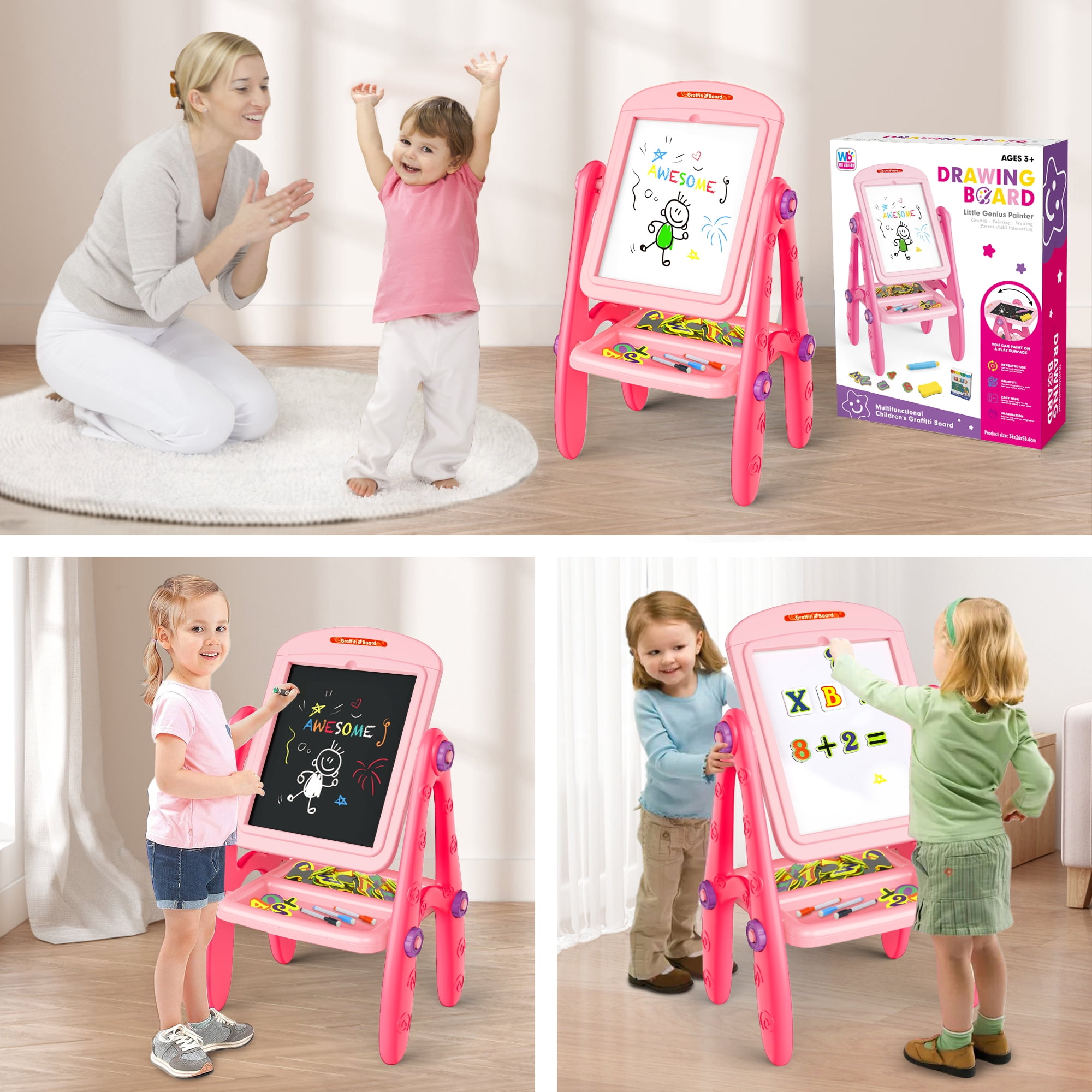 Carsky Art Easel for Kids Toddlers Girls Ages 3 4 5 6 Years, Rotatable Drawing Board Standing, Double Sides with Whiteboard & Chalkboard, Birthday Christmas Gifts(Pink).