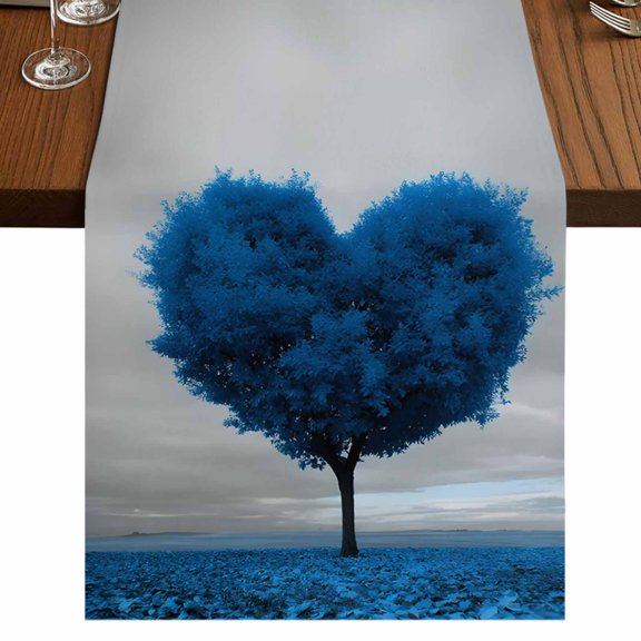 Table Runners 72 Inches Long Dress Scarves, Valentine's Day Farmhouse Kitchen Table Runner, Coffee Tablerunners, Blue Heart Love Trees Romance Spring 14x72 Inch