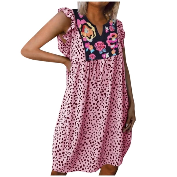 Gibobby Vestidos para Mujer Mini vestido de playa de de verano sin mangas con volantes florales sueltos para mujer (S-3XL)(Rosa,CH)