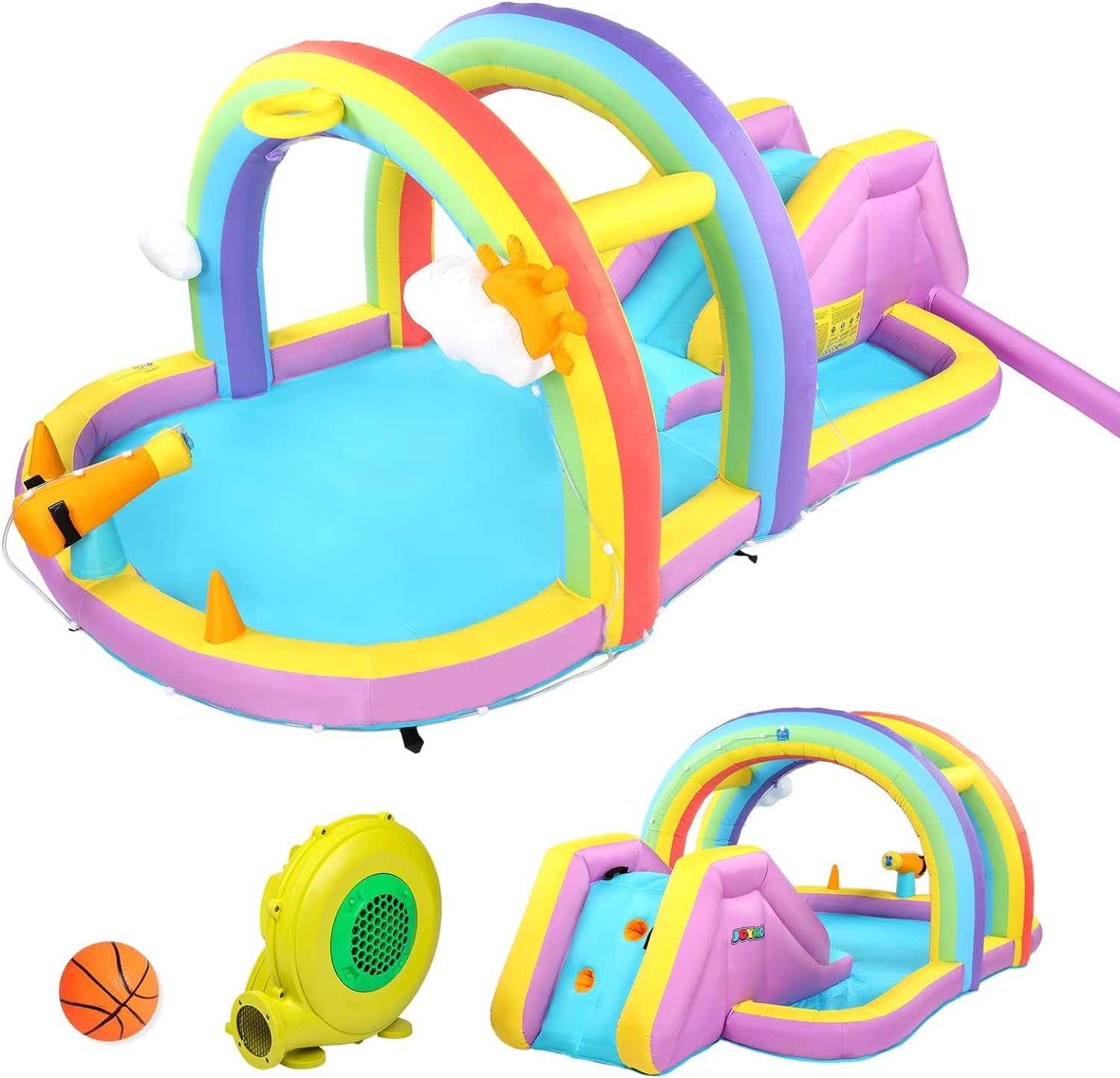 (2024 New) JOYMOR Inflatable Water Slide with Blower, Inflatable Kids Water Slide with Climbing Wall, Water Cannon, Splash Pool, Blow Up Water Slide for Kids Backyard Summer Party (Rainbow Style)