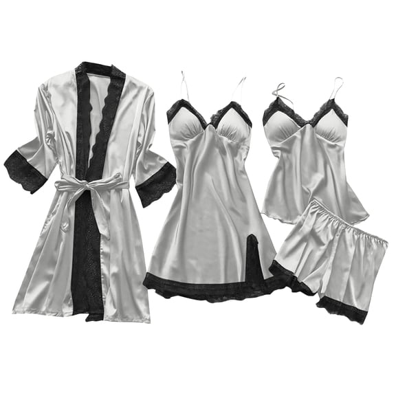 Ladies' Sexy Camisole With Built-in Bra Pajama Robe 4-Piece Set Loungewear Silver Size XXL