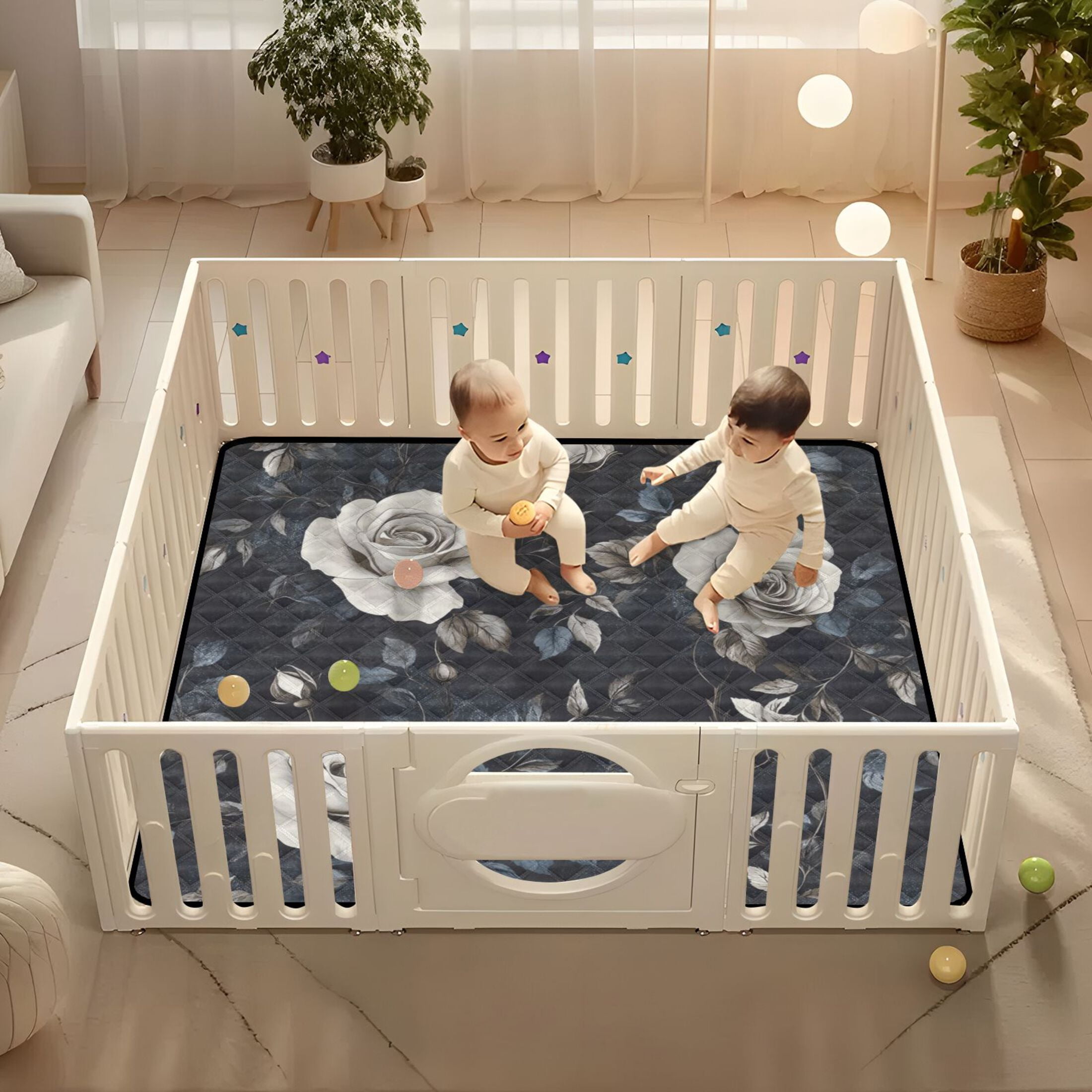 WOBOGO White Rose Baby Playmats Extra Large Waterproof Rollable Activity Pads for Toddlers 50×50inch