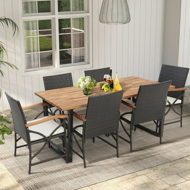 Costway 7 PCS Patio Rattan Dining Set Acacia Wood Table 6 Wicker Chairs with Umbrella Hole