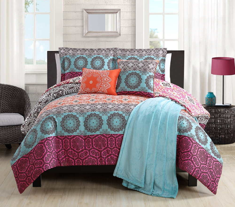 6 Piece Boho Aqua Orange Pink Reversible Comforter W Throw Blanket 6 Piece Boho Aqua Orange Pink Reversible Comforter W Throw Blanket Set Com